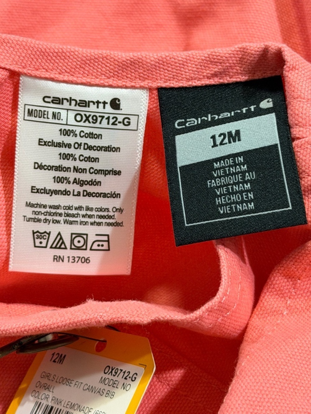 Carhartt NWT Girls’ 12M Pink Lemonade Loose Fit Canvas Bib Overalls Adjustable - Picture 3 of 6